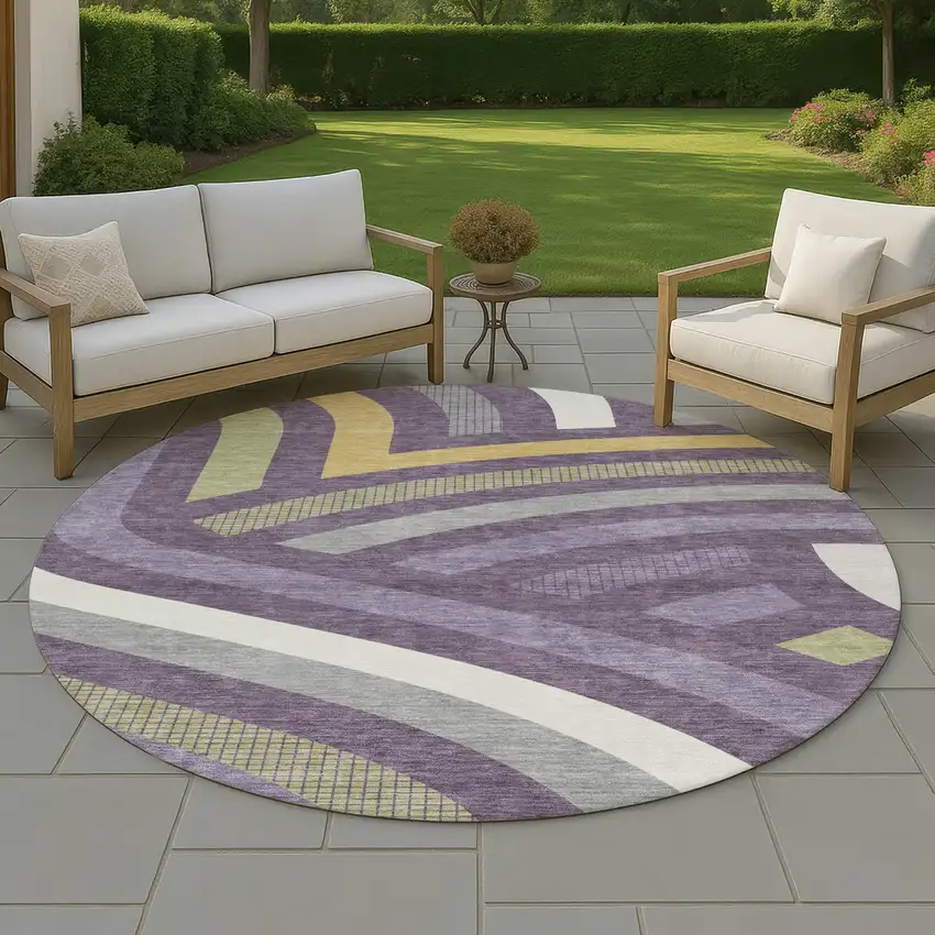 8' Plum And Purple Round Abstract Washable Indoor Outdoor Area Rug Photo 4