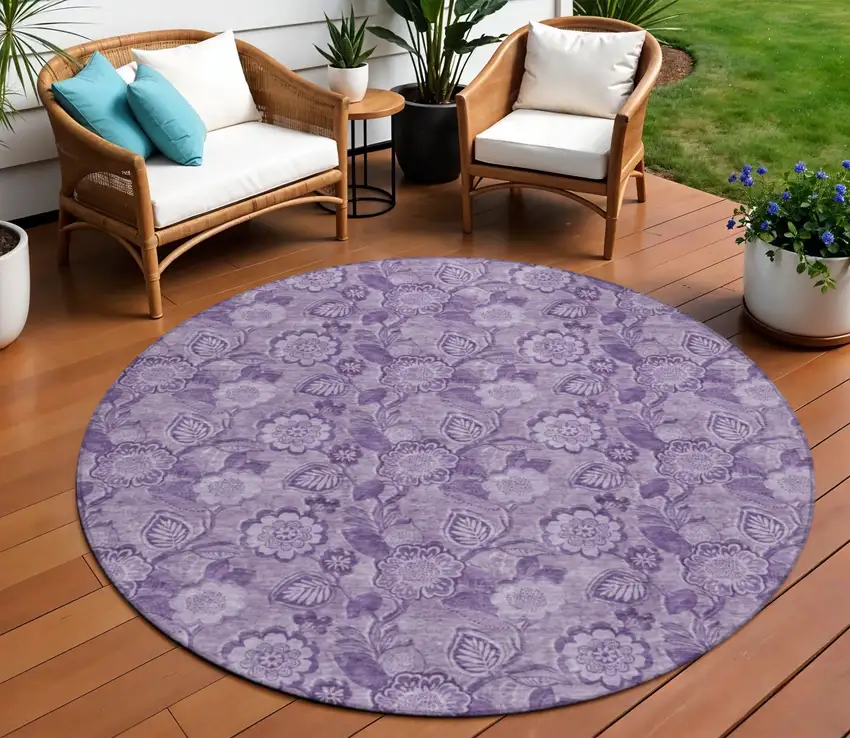 8' Plum And Purple Round Floral Washable Indoor Outdoor Area Rug Photo 2