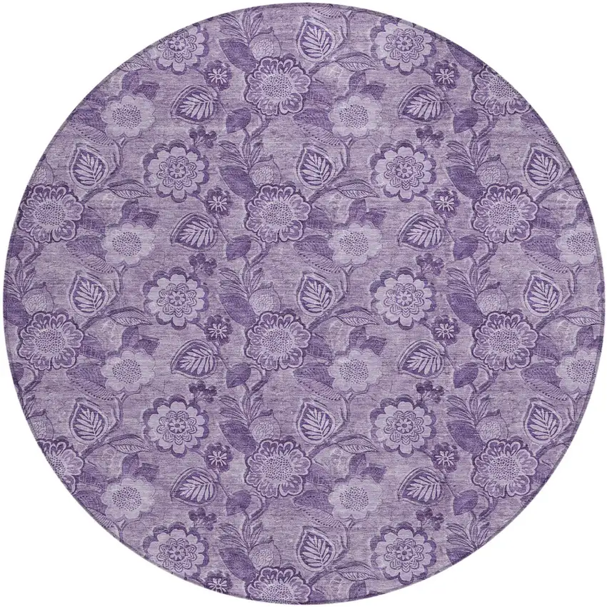 8' Plum And Purple Round Floral Washable Indoor Outdoor Area Rug Photo 1