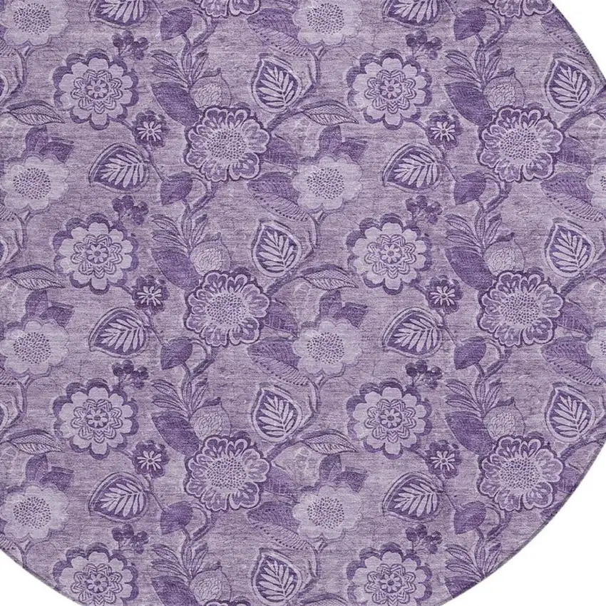 8' Plum And Purple Round Floral Washable Indoor Outdoor Area Rug Photo 4