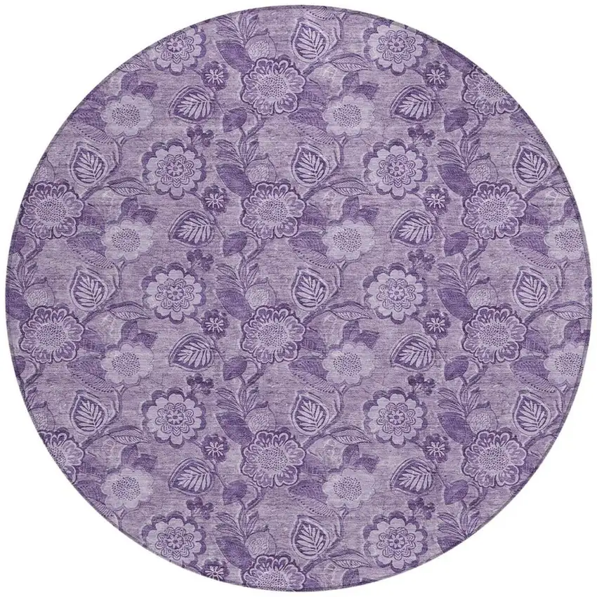 8' Plum And Purple Round Floral Washable Indoor Outdoor Area Rug Photo 3