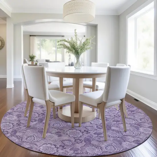 8' Plum And Purple Round Floral Washable Indoor Outdoor Area Rug Photo 6