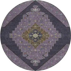Photo of 8' Plum And Purple Round Geometric Washable Indoor Outdoor Area Rug