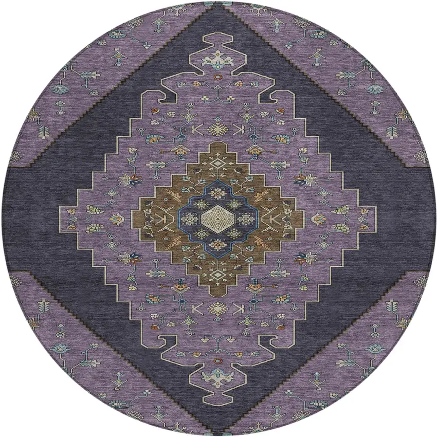 8' Plum And Purple Round Geometric Washable Indoor Outdoor Area Rug Photo 1