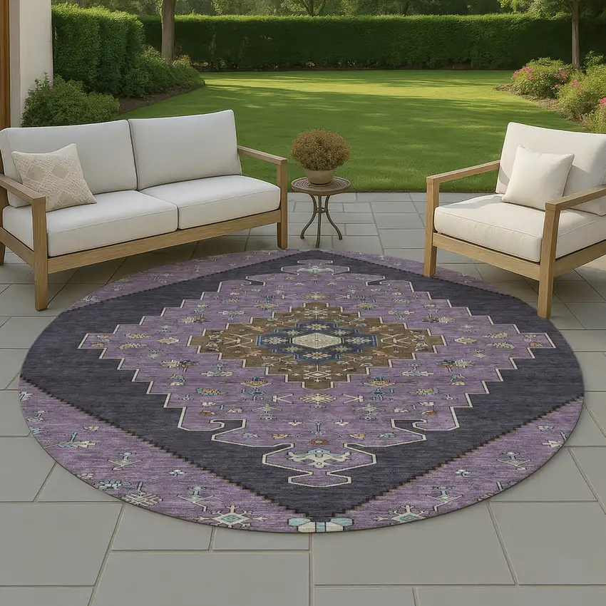 8' Plum And Purple Round Geometric Washable Indoor Outdoor Area Rug Photo 4