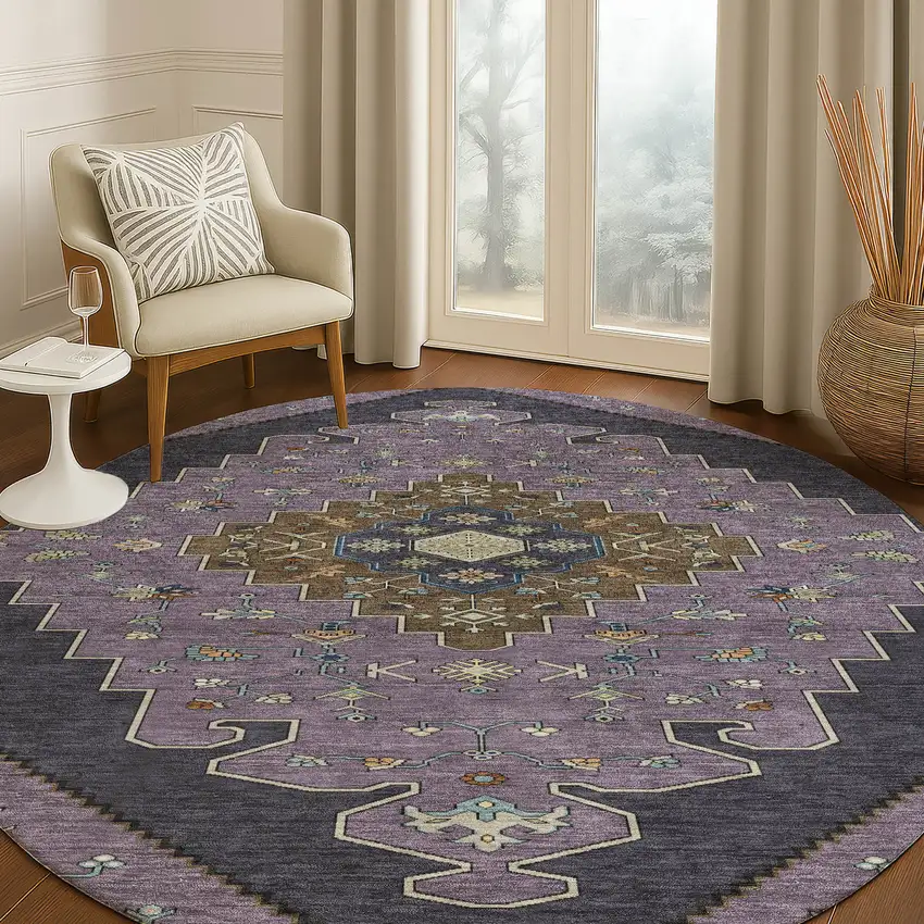 8' Plum And Purple Round Geometric Washable Indoor Outdoor Area Rug Photo 5