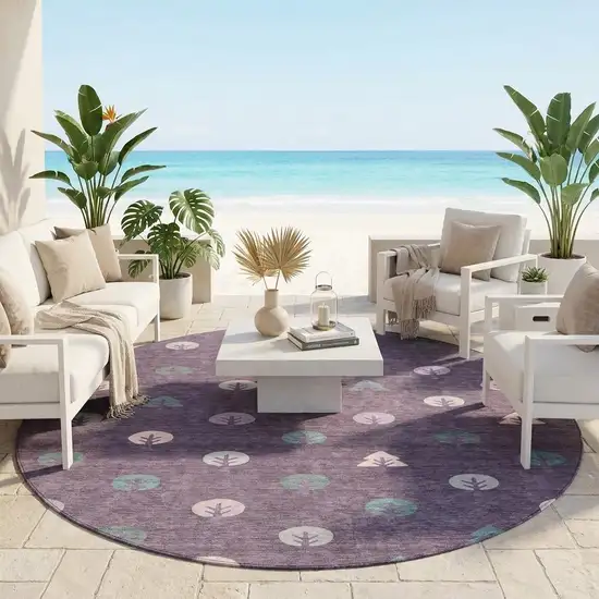 8' Plum And Purple Round Geometric Washable Indoor Outdoor Area Rug Photo 1