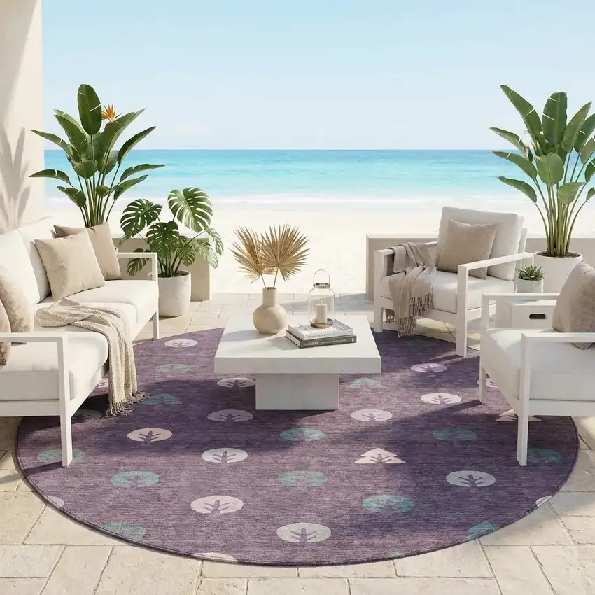 8' Plum And Purple Round Geometric Washable Indoor Outdoor Area Rug Photo 1