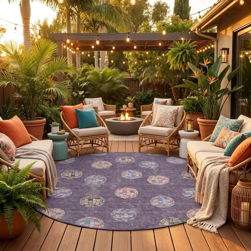 8' Plum And Purple Round Geometric Washable Indoor Outdoor Area Rug Photo 1