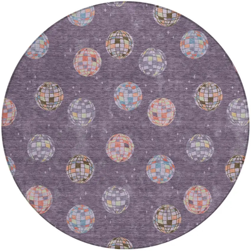 8' Plum And Purple Round Geometric Washable Indoor Outdoor Area Rug Photo 2
