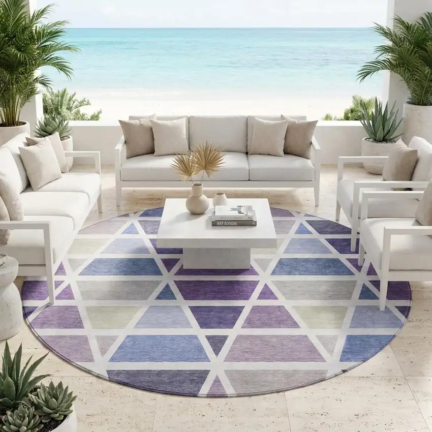 8' Plum And Purple Round Geometric Washable Indoor Outdoor Area Rug Photo 1