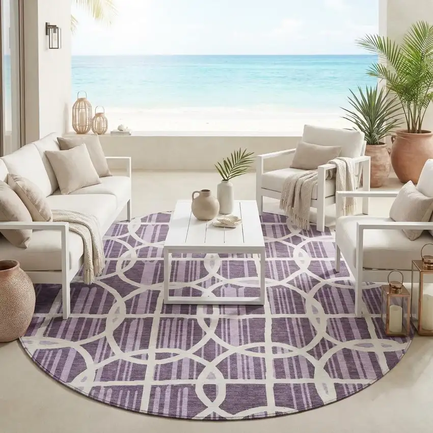 8' Plum And Purple Round Geometric Washable Indoor Outdoor Area Rug Photo 1