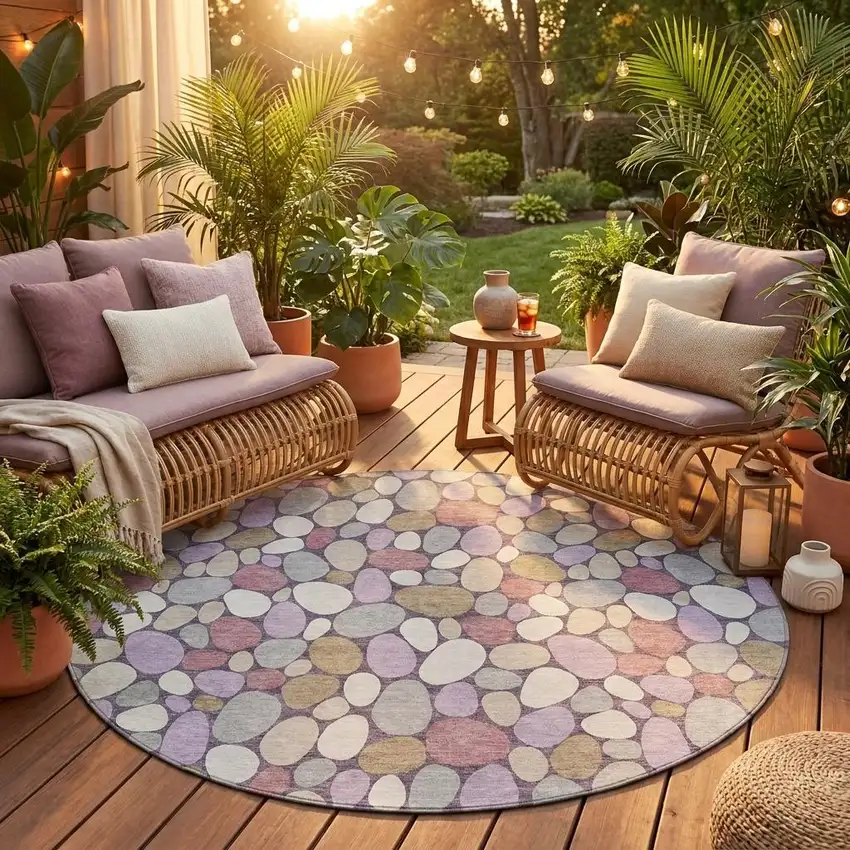 8' Plum And Purple Round Geometric Washable Indoor Outdoor Area Rug Photo 1
