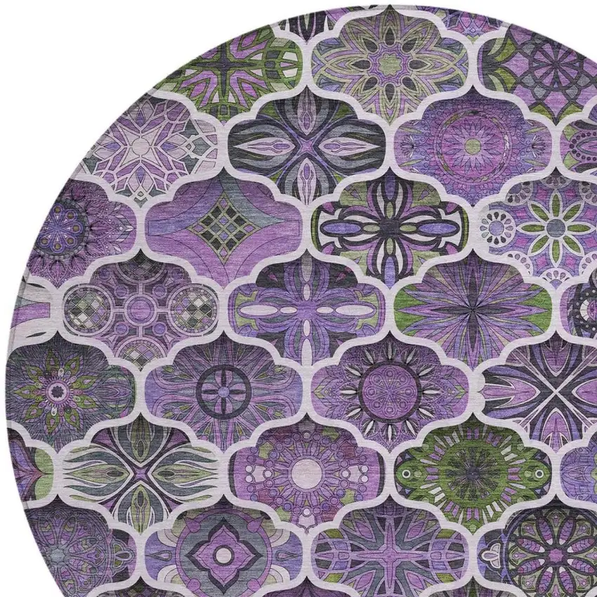 8' Plum And Purple Round Ogee Washable Indoor Outdoor Area Rug Photo 5
