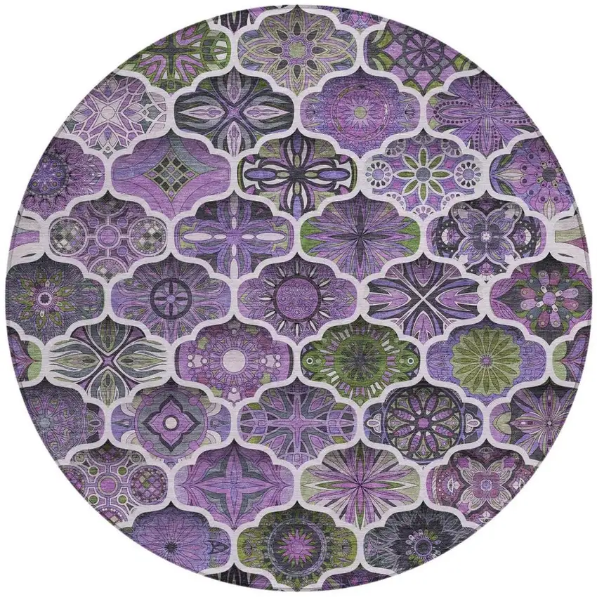 8' Plum And Purple Round Ogee Washable Indoor Outdoor Area Rug Photo 2
