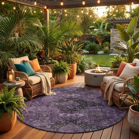 8' Plum And Purple Round Oriental Washable Indoor Outdoor Area Rug Photo 1