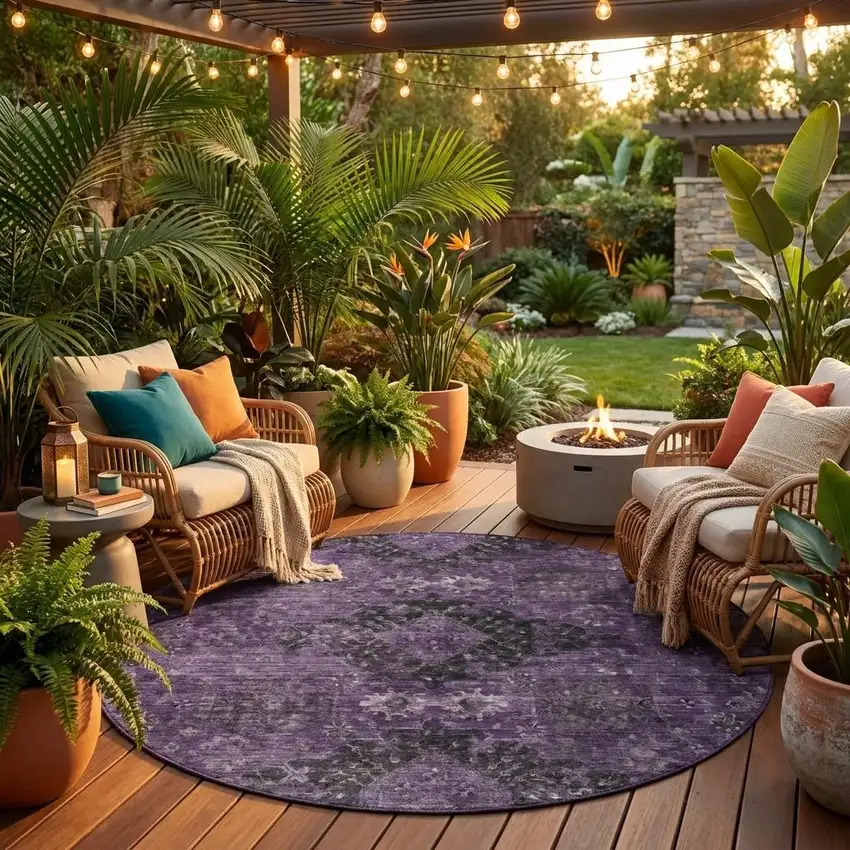 8' Plum And Purple Round Oriental Washable Indoor Outdoor Area Rug Photo 1