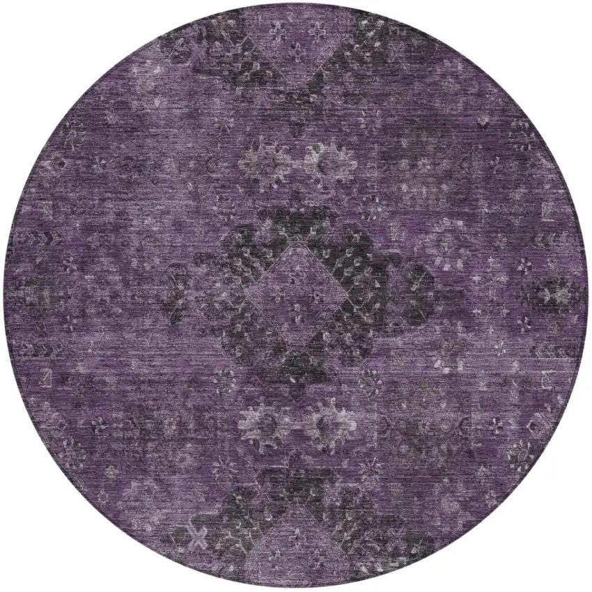 8' Plum And Purple Round Oriental Washable Indoor Outdoor Area Rug Photo 2