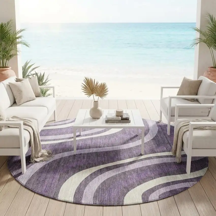 8' Plum And Purple Round Striped Washable Indoor Outdoor Area Rug Photo 1