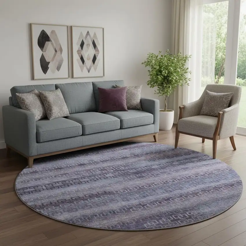 8' Plum And Purple Striped Washable Round Rug With UV Protection Photo 2