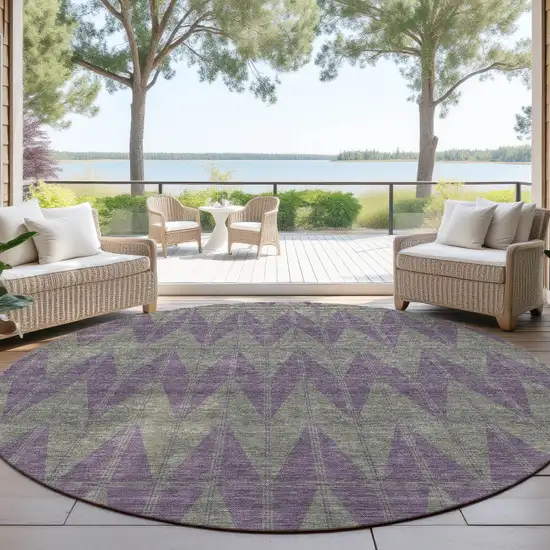 8' Plum And Sage Round Geometric Washable Indoor Outdoor Area Rug Photo 4