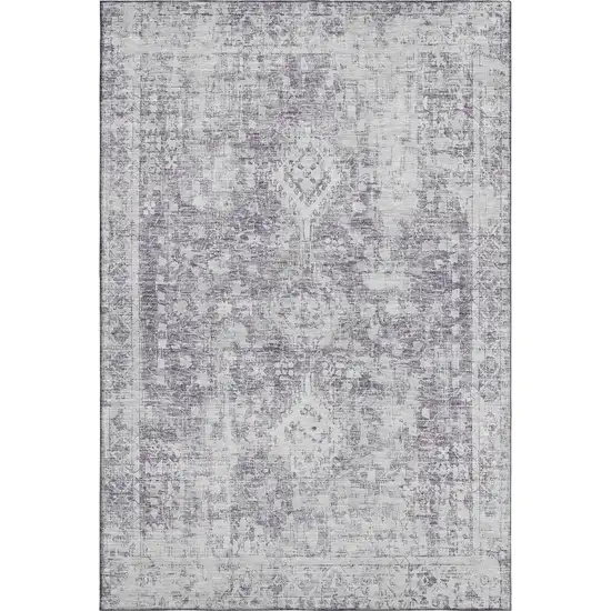 8' Plum And Silver Oriental Washable Area Rug With UV Protection Photo 1