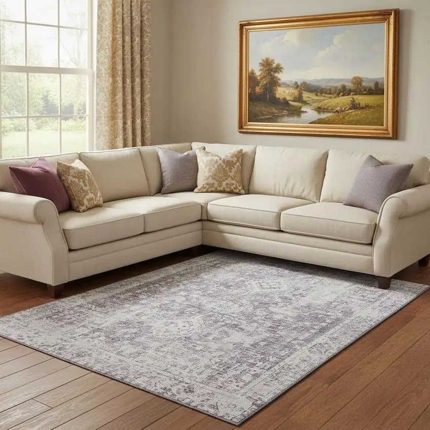 8' Plum And Silver Oriental Washable Area Rug With UV Protection Photo 2