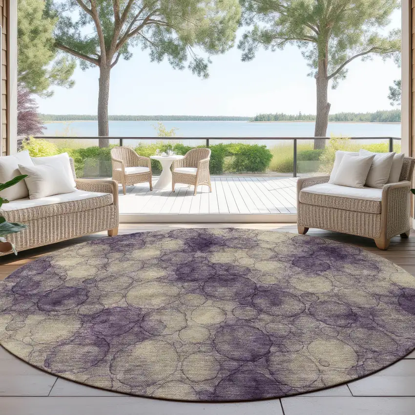 8' Plum And Wheat Round Abstract Washable Indoor Outdoor Area Rug Photo 4