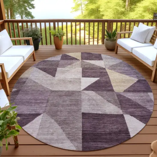 8' Plum And Wheat Round Geometric Washable Indoor Outdoor Area Rug Photo 3