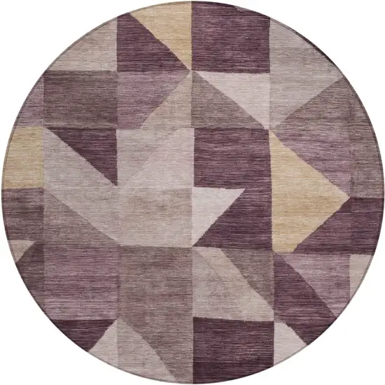 8' Plum And Wheat Round Geometric Washable Indoor Outdoor Area Rug Photo 1