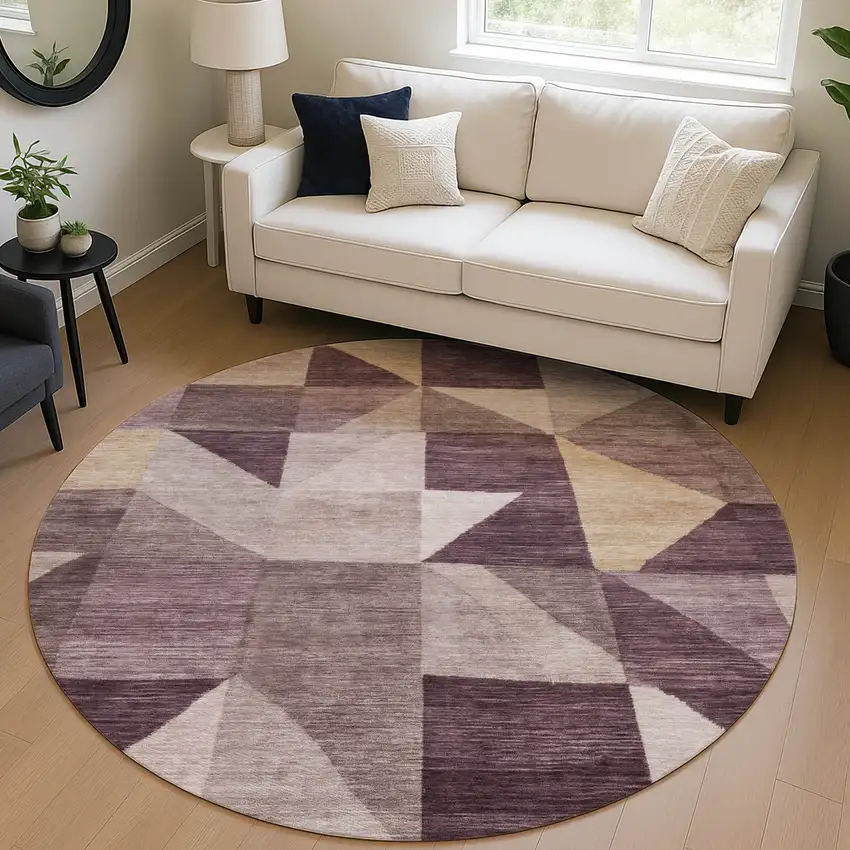 8' Plum And Wheat Round Geometric Washable Indoor Outdoor Area Rug Photo 4