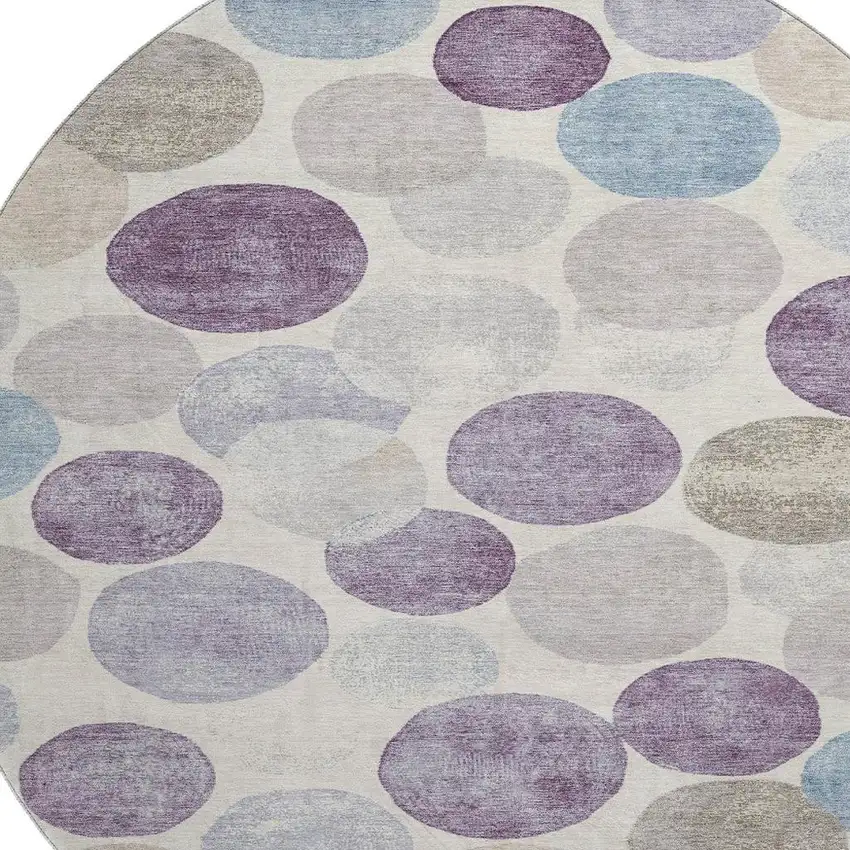 8' Plum Beige And Blue Geometric Washable Round Rug With UV Protection Photo 3