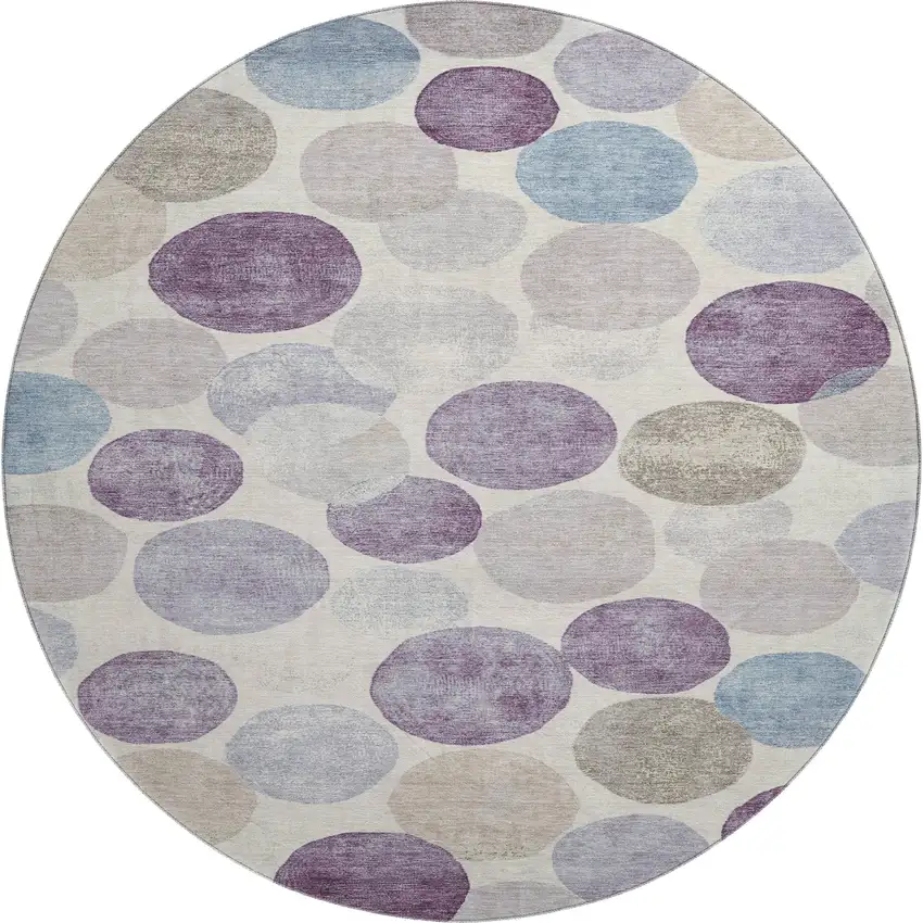 8' Plum Beige And Blue Geometric Washable Round Rug With UV Protection Photo 1