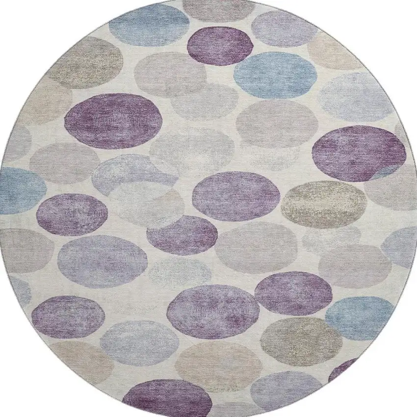 8' Plum Beige And Blue Geometric Washable Round Rug With UV Protection Photo 4