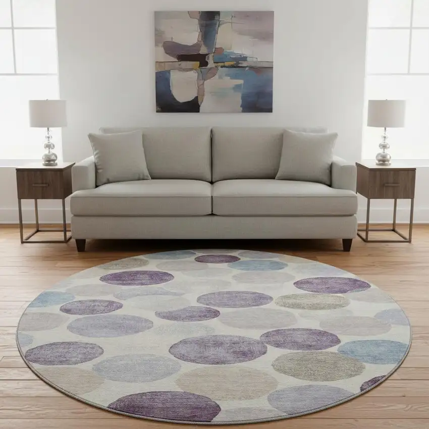 8' Plum Beige And Blue Geometric Washable Round Rug With UV Protection Photo 2