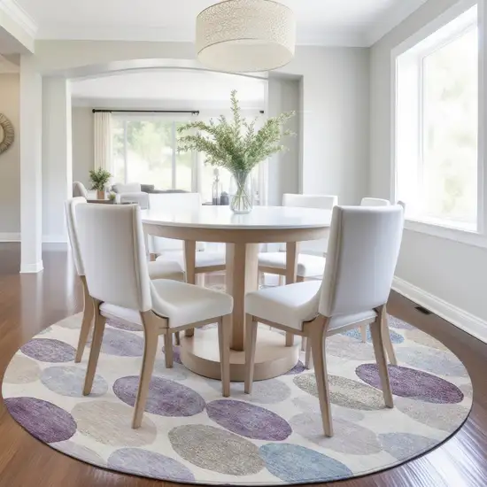 8' Plum Beige And Denim Blue Round Geometric Washable Indoor Outdoor Area Rug Photo 7