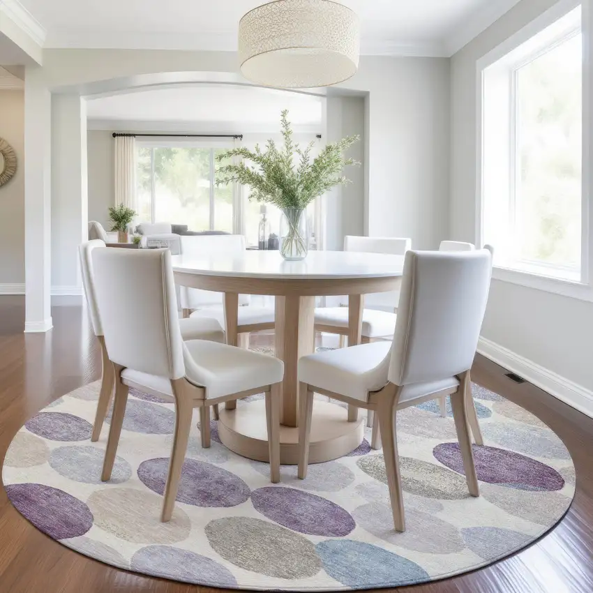 8' Plum Beige And Denim Blue Round Geometric Washable Indoor Outdoor Area Rug Photo 7