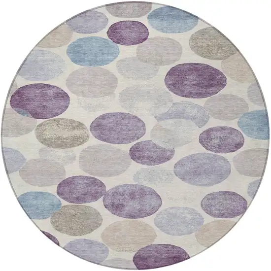 8' Plum Beige And Denim Blue Round Geometric Washable Indoor Outdoor Area Rug Photo 3