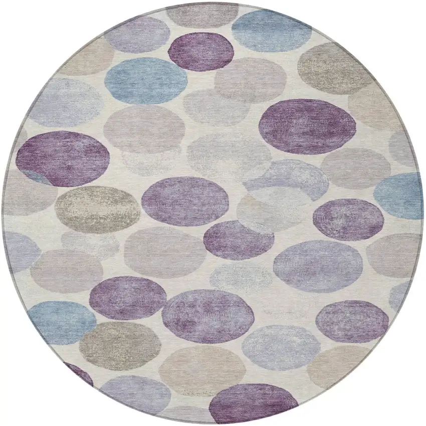 8' Plum Beige And Denim Blue Round Geometric Washable Indoor Outdoor Area Rug Photo 3
