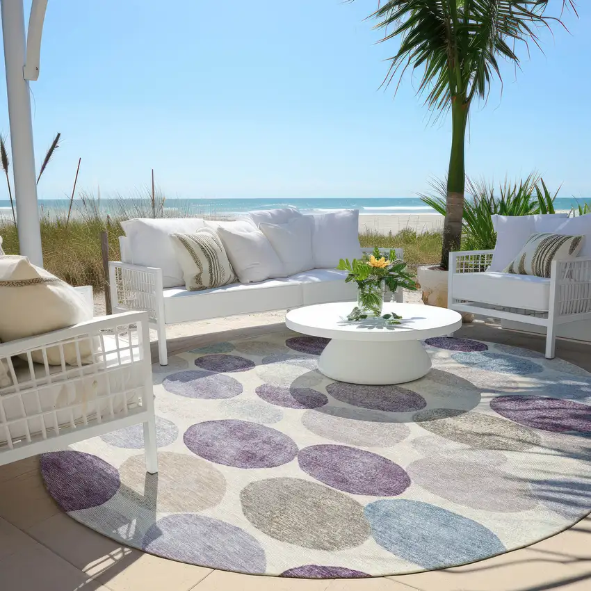 8' Plum Beige And Denim Blue Round Geometric Washable Indoor Outdoor Area Rug Photo 6