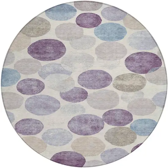 8' Plum Beige And Denim Blue Round Geometric Washable Indoor Outdoor Area Rug Photo 1