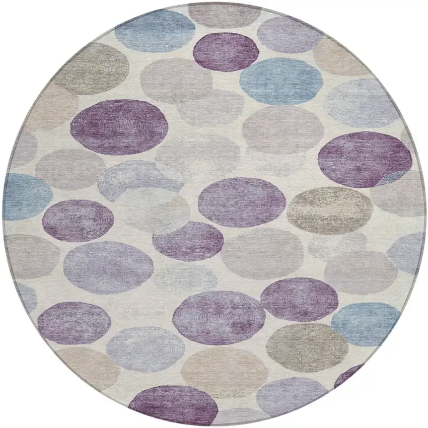 8' Plum Beige And Denim Blue Round Geometric Washable Indoor Outdoor Area Rug Photo 1
