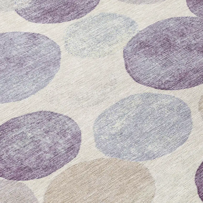 8' Plum Beige And Denim Blue Round Geometric Washable Indoor Outdoor Area Rug Photo 8