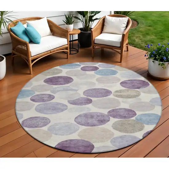 8' Plum Beige And Denim Blue Round Geometric Washable Indoor Outdoor Area Rug Photo 2