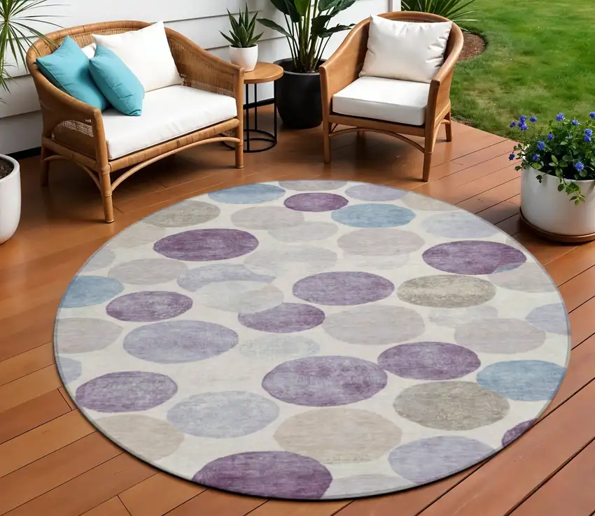 8' Plum Beige And Denim Blue Round Geometric Washable Indoor Outdoor Area Rug Photo 2