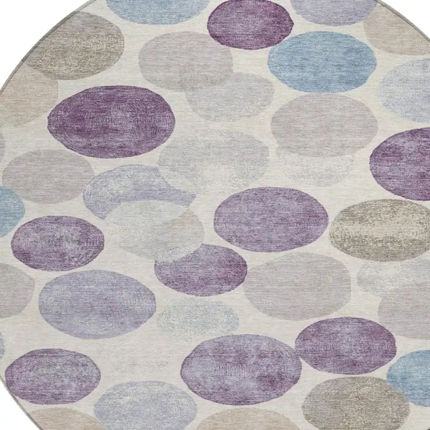 8' Plum Beige And Denim Blue Round Geometric Washable Indoor Outdoor Area Rug Photo 8