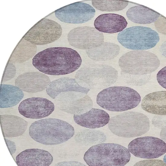 8' Plum Beige And Denim Blue Round Geometric Washable Indoor Outdoor Area Rug Photo 4