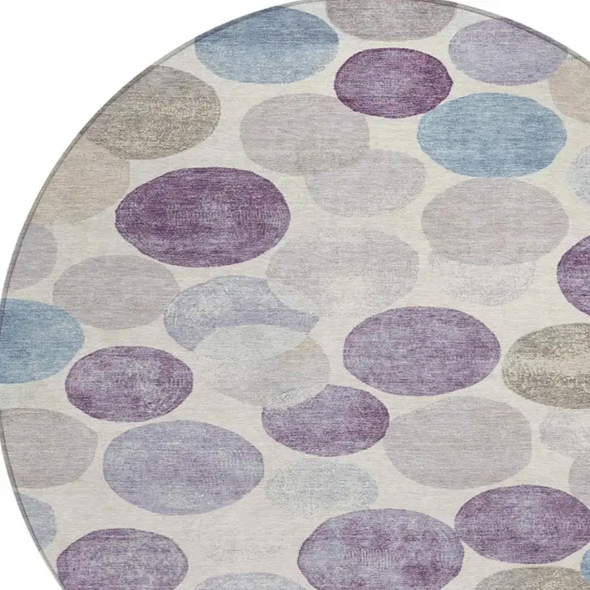 8' Plum Beige And Denim Blue Round Geometric Washable Indoor Outdoor Area Rug Photo 4