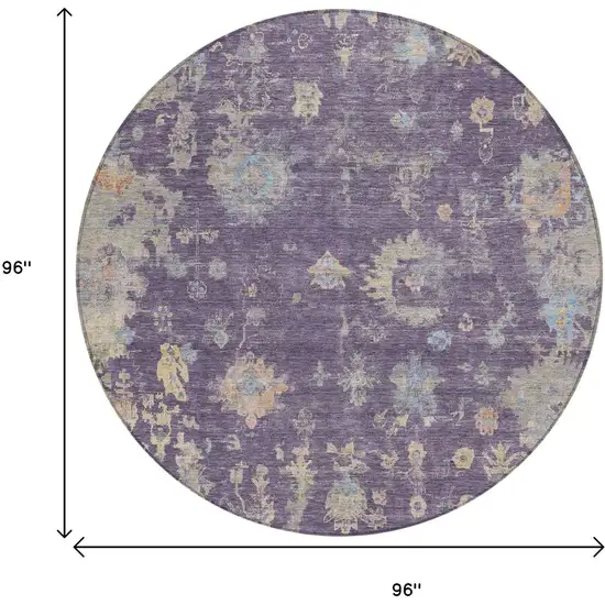8' Plum Beige And Gray Round Floral Washable Indoor Outdoor Area Rug Photo 3