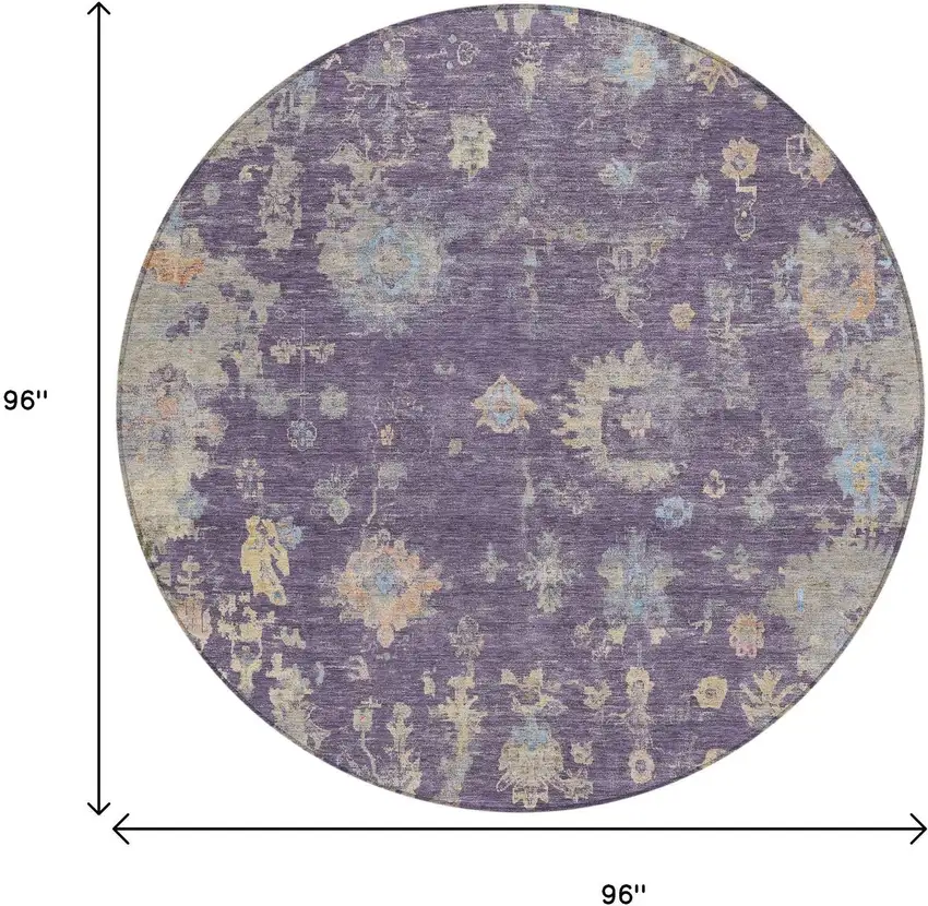 8' Plum Beige And Gray Round Floral Washable Indoor Outdoor Area Rug Photo 3